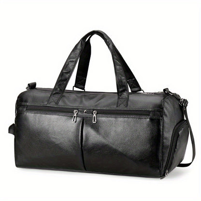 Fashionable unisex black travel duffel bag with independent shoe compartment and wet/dry separation for gym or business trips.