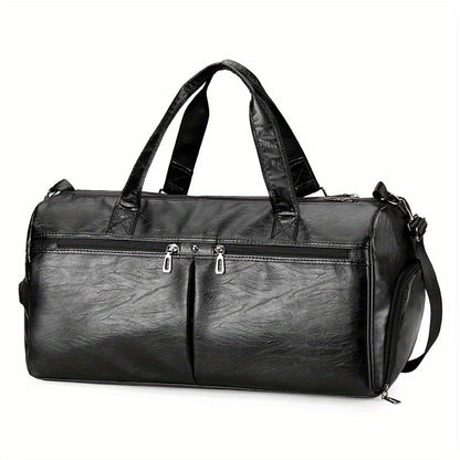 Fashionable unisex black travel duffel bag with independent shoe compartment and wet/dry separation for gym or business trips.