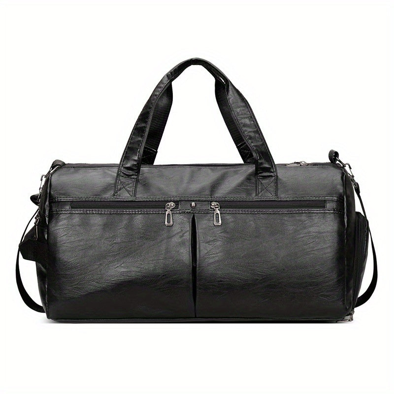 Fashionable unisex black travel duffel bag with independent shoe compartment and wet/dry separation for gym or business trips.