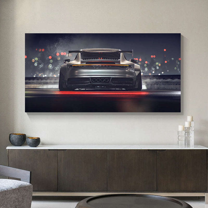 Contemporary supercar rear view canvas print for wall decor in any room.