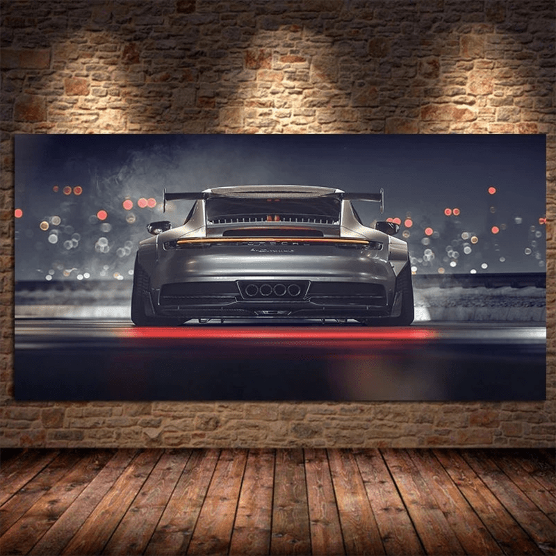 Contemporary supercar rear view canvas print for wall decor in any room.