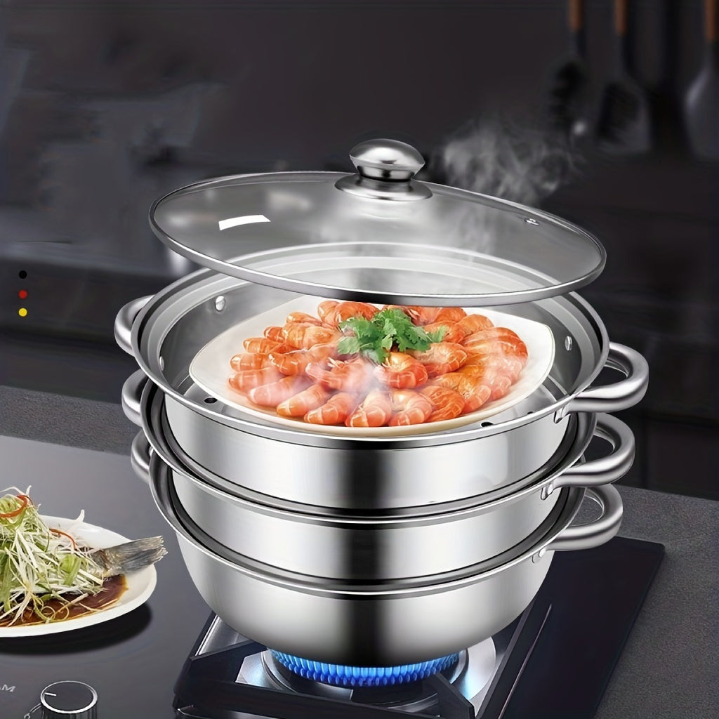 High-Quality Stainless Steel Double-Layer Steamer Set with Glass Lid - Large Size and Heavy-Duty Construction for Superior Cooking Performance