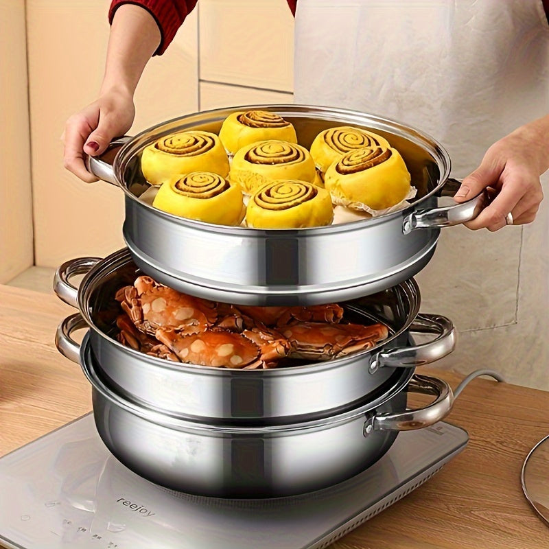 High-Quality Stainless Steel Double-Layer Steamer Set with Glass Lid - Large Size and Heavy-Duty Construction for Superior Cooking Performance