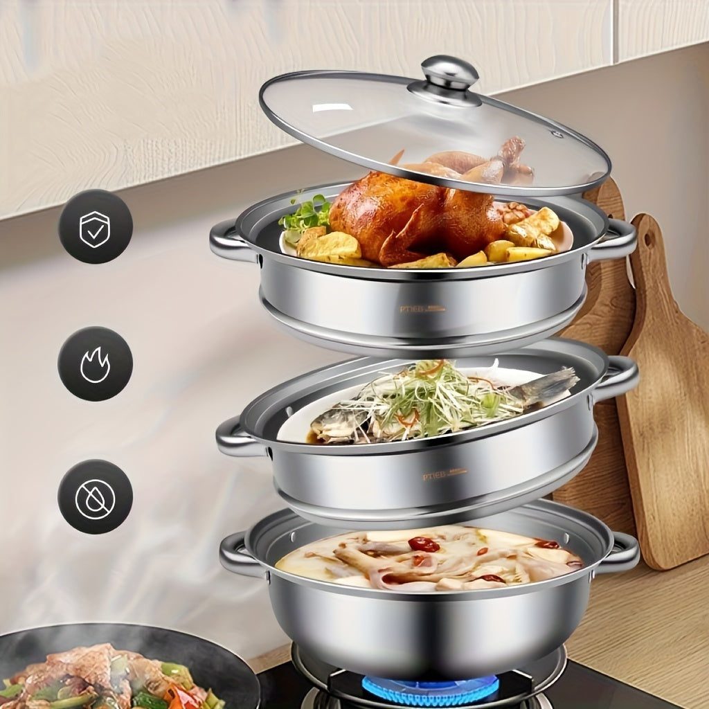 High-Quality Stainless Steel Double-Layer Steamer Set with Glass Lid - Large Size and Heavy-Duty Construction for Superior Cooking Performance