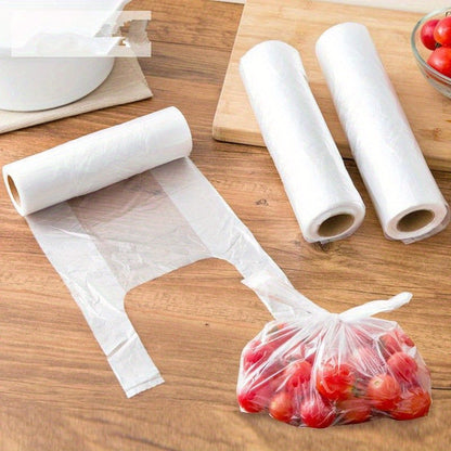 Set of 100 Disposable Transparent Plastic Food Saver Bags, Heavy-Duty Storage Roll for fridge Organization, Made from White PET Material.