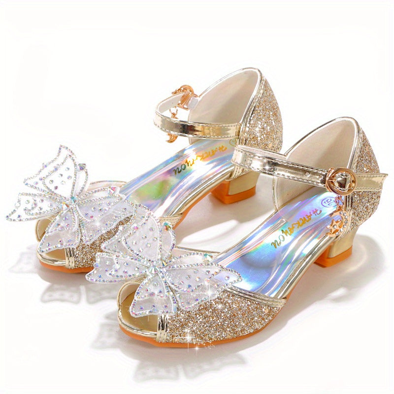 2024 Girls' Summer Sequin Butterfly High Heels with Rubber Sole for Daily & Casual Wear