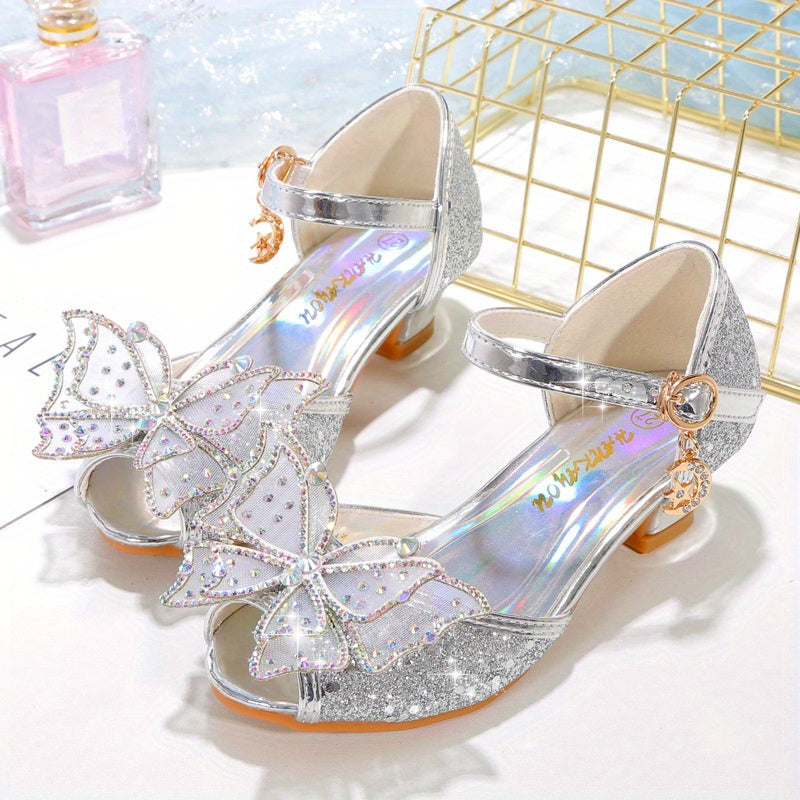 2024 Girls' Summer Sequin Butterfly High Heels with Rubber Sole for Daily & Casual Wear