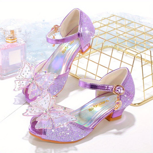 2024 Girls' Summer Sequin Butterfly High Heels with Rubber Sole for Daily & Casual Wear