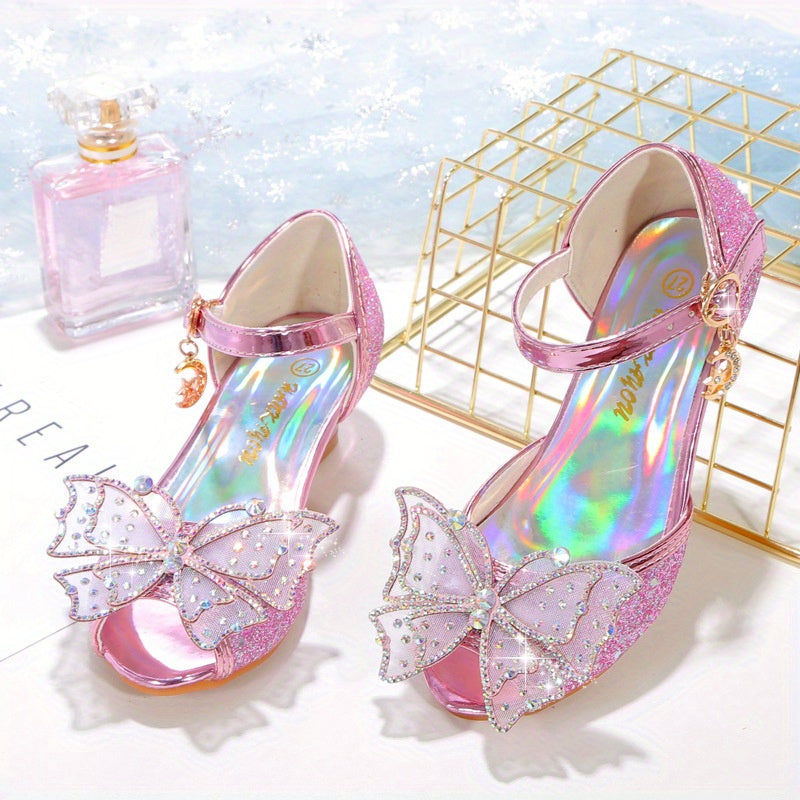 2024 Girls' Summer Sequin Butterfly High Heels with Rubber Sole for Daily & Casual Wear