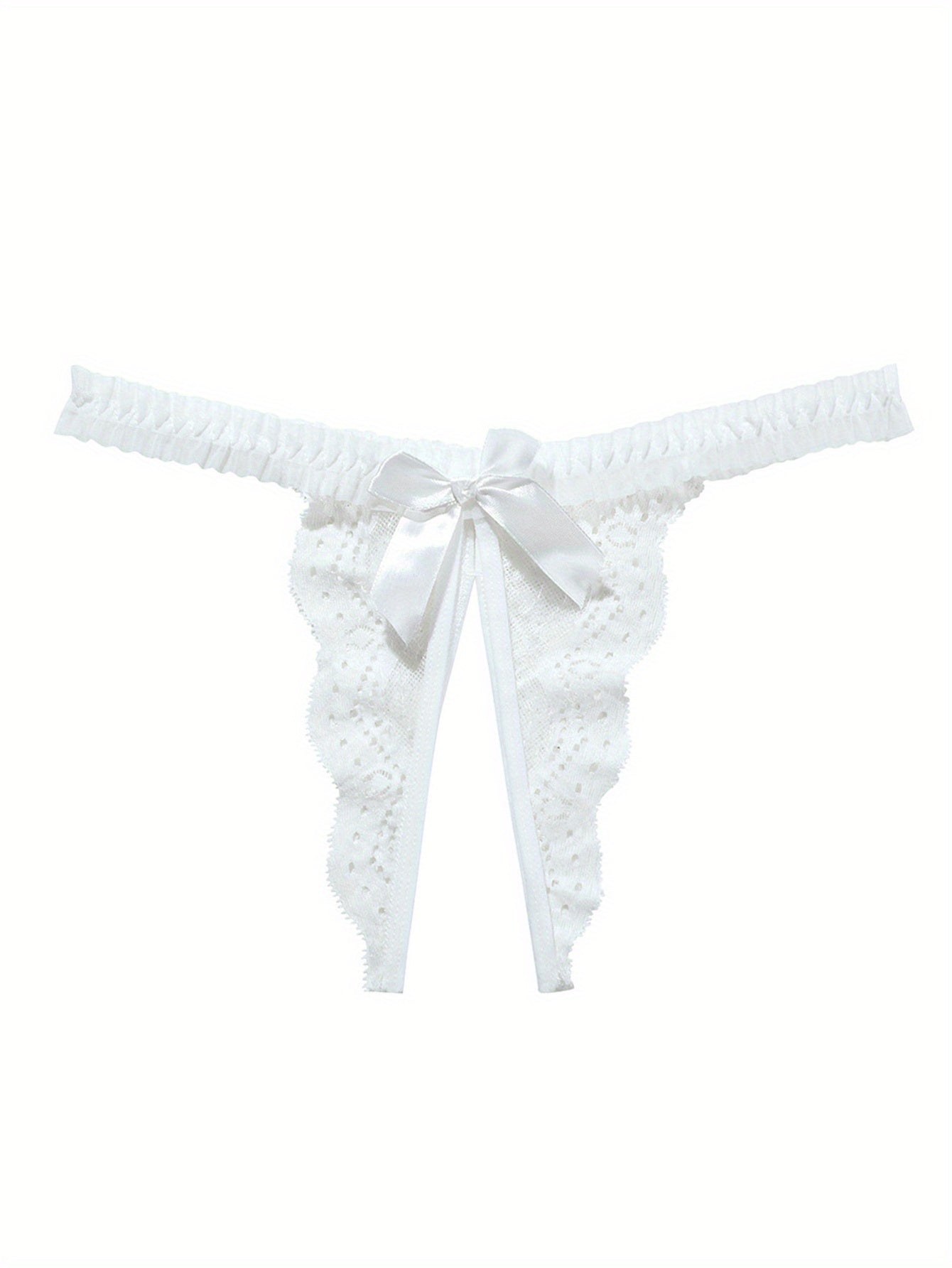 Stylish crotchless thongs featuring a solid bow decor and jacquard lace for a sexy and comfortable option in women's lingerie.