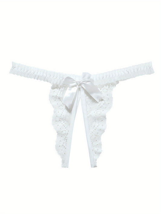 Stylish crotchless thongs featuring a solid bow decor and jacquard lace for a sexy and comfortable option in women's lingerie.