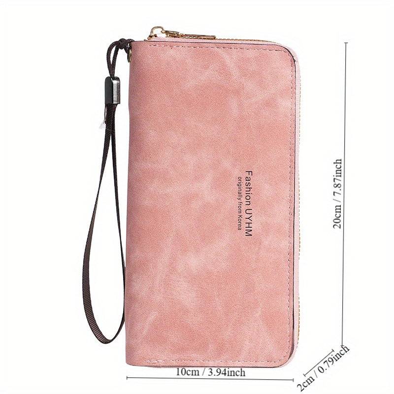 Women's long wallet with multi-function card holder, phone pocket, wrist strap, and made of PU leather.