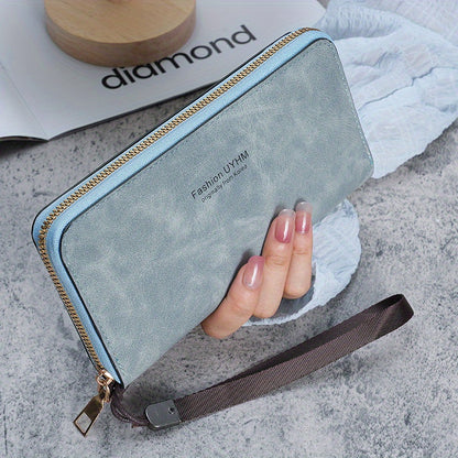 Women's long wallet with multi-function card holder, phone pocket, wrist strap, and made of PU leather.