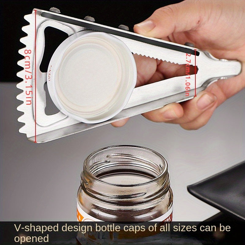 Stainless steel bottle opener with multiple functions - can opener, screw bottle cap remover, fish scaler. Ideal kitchen gadget and holiday gift.