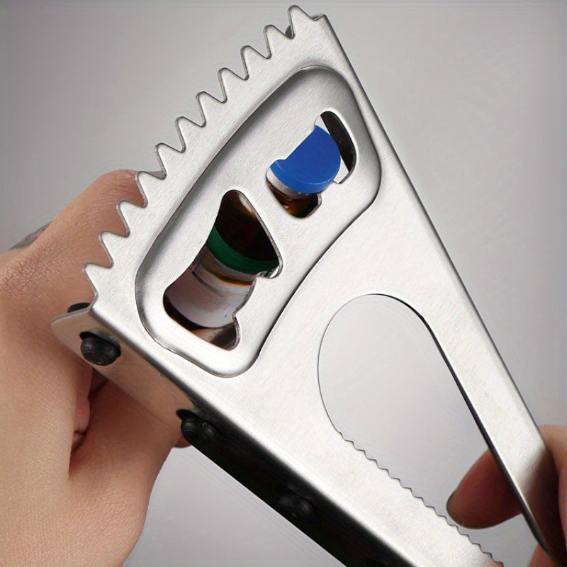 Stainless steel bottle opener with multiple functions - can opener, screw bottle cap remover, fish scaler. Ideal kitchen gadget and holiday gift.