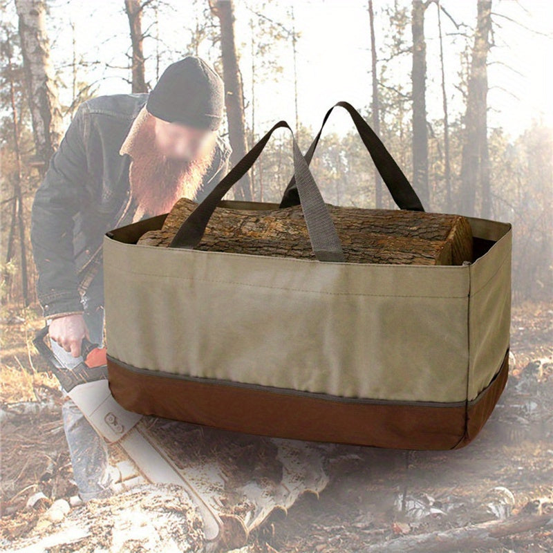 Stay dry in any weather with our Waterproof Canvas Firewood Carrier Bag - Made with tough 600D Oxford Cloth, perfect for camping or home use. Large capacity and easy to carry with comfortable handles. Available in Brown.