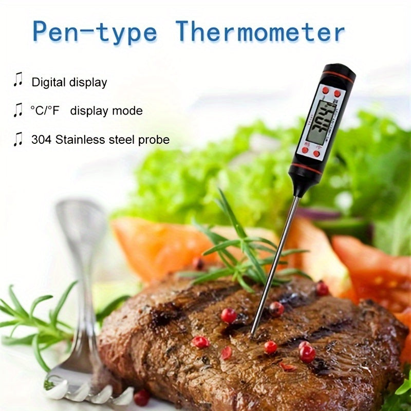 Digital meat thermometer TP-101 with LR44 battery for food cooking, BBQ probe measuring liquid temperatures with 0.1 accuracy, powered by battery, plastic material, non-rechargeable