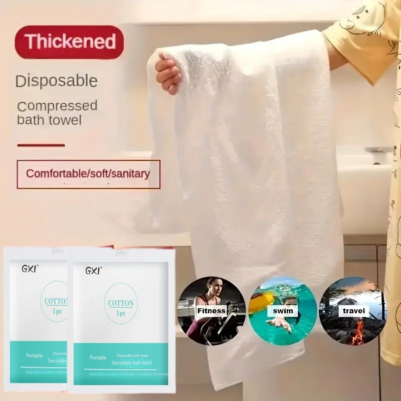 Pack of 25 disposable bath towels made from wood pulp fiber, non-woven fabric, and quick-dry technology. These extra-large towels are perfect for bathroom cleaning, travel, and are individually wrapped for convenience. Highly absorbent and essential for