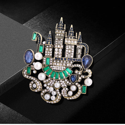 Vintage European Castle Brooch - Luxurious Alloy adorned with Rhinestones and Faux Pearls, Elegant Crystal Corsage Pin