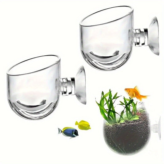 Clear aquarium plant pots with suction cups, versatile holder for fish tanks, plastic aquatic planter with red worm feeder for home aquarium decoration.