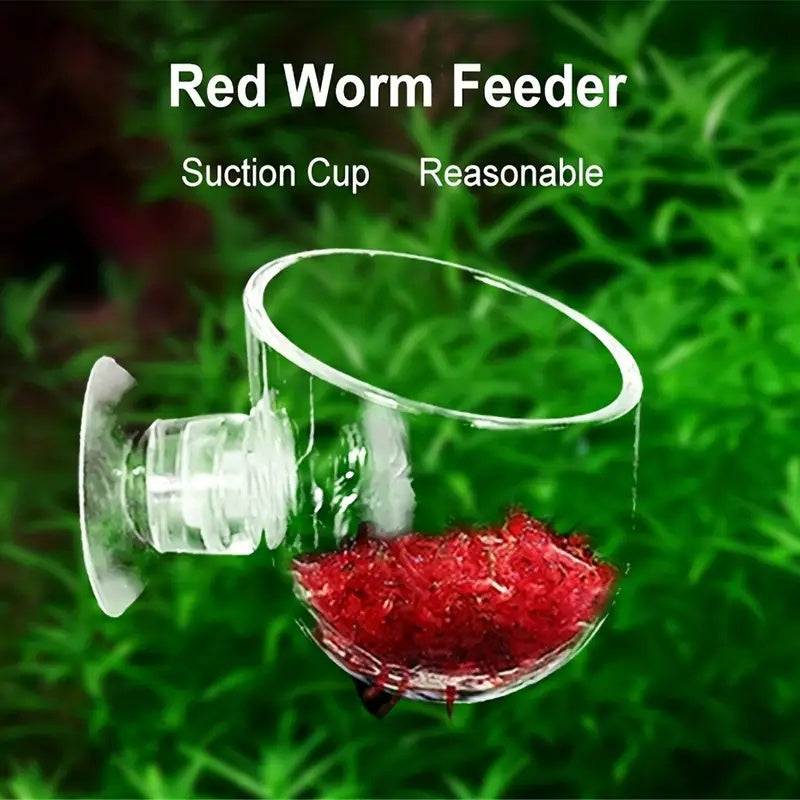 Clear aquarium plant pots with suction cups, versatile holder for fish tanks, plastic aquatic planter with red worm feeder for home aquarium decoration.