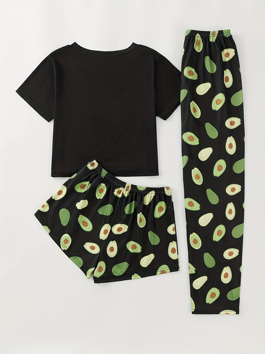 Avocado print pajama set with short sleeve top, elastic waistband shorts and pants for women's sleepwear and loungewear.