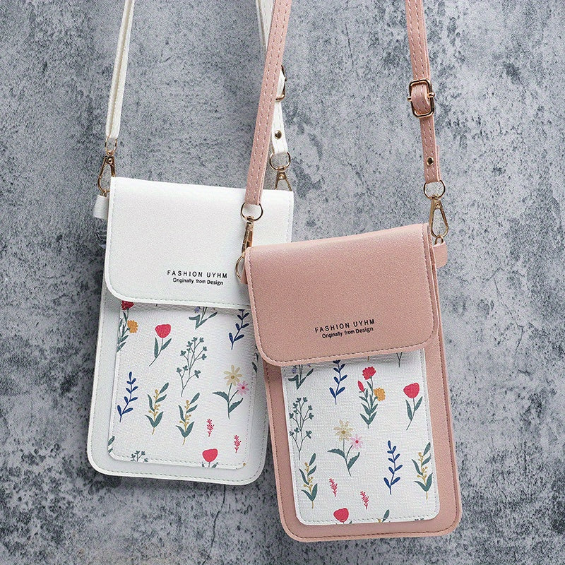 Touch screen mobile phone bag with small floral pattern, crossbody style. Can also be used as women's shoulder wallet and coin purse.