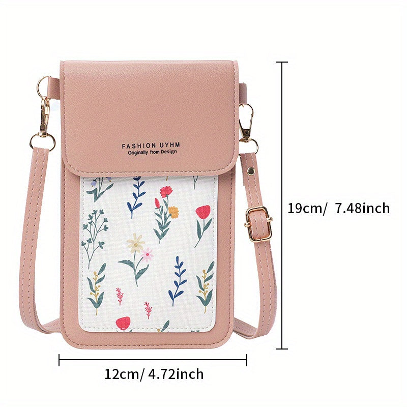 Touch screen mobile phone bag with small floral pattern, crossbody style. Can also be used as women's shoulder wallet and coin purse.