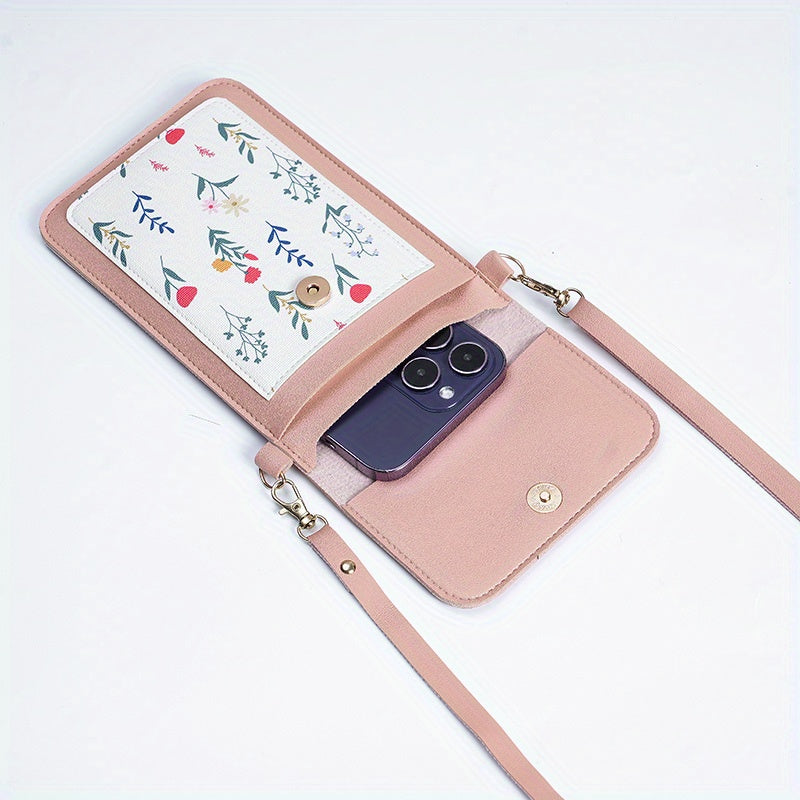 Touch screen mobile phone bag with small floral pattern, crossbody style. Can also be used as women's shoulder wallet and coin purse.