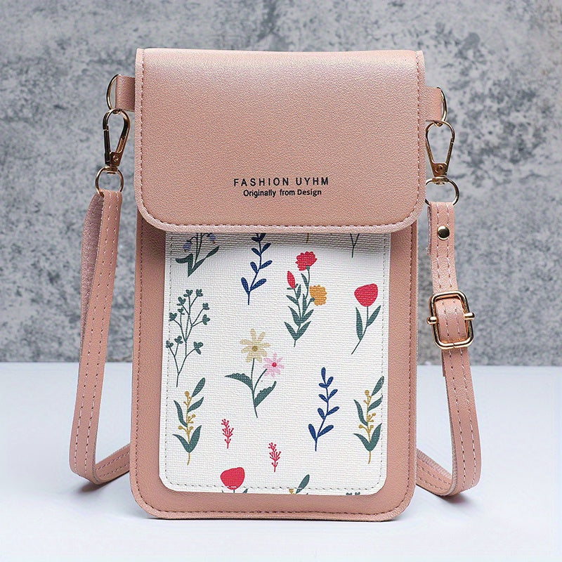 Touch screen mobile phone bag with small floral pattern, crossbody style. Can also be used as women's shoulder wallet and coin purse.