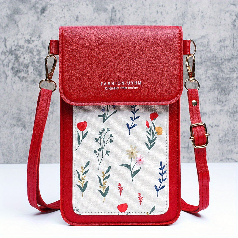 Touch screen mobile phone bag with small floral pattern, crossbody style. Can also be used as women's shoulder wallet and coin purse.