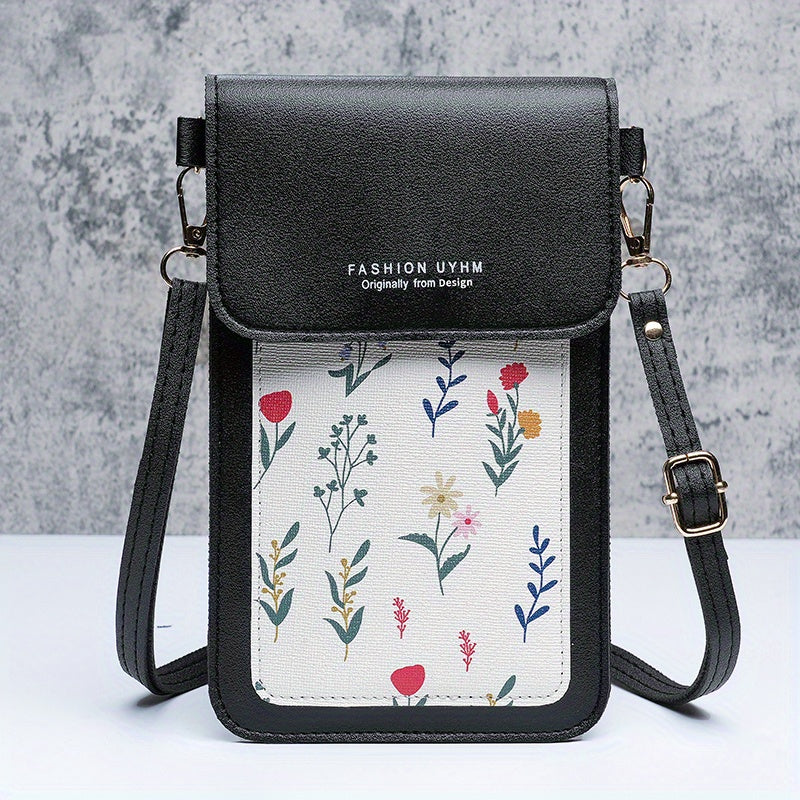 Touch screen mobile phone bag with small floral pattern, crossbody style. Can also be used as women's shoulder wallet and coin purse.