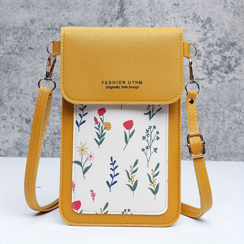 Touch screen mobile phone bag with small floral pattern, crossbody style. Can also be used as women's shoulder wallet and coin purse.