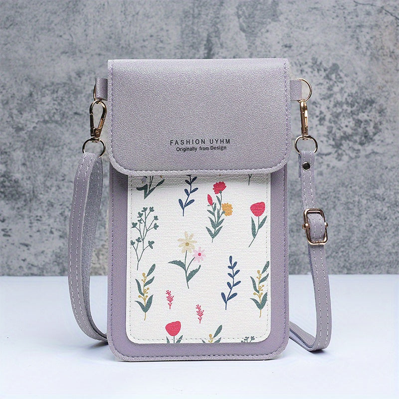 Touch screen mobile phone bag with small floral pattern, crossbody style. Can also be used as women's shoulder wallet and coin purse.