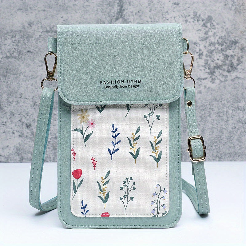 Touch screen mobile phone bag with small floral pattern, crossbody style. Can also be used as women's shoulder wallet and coin purse.