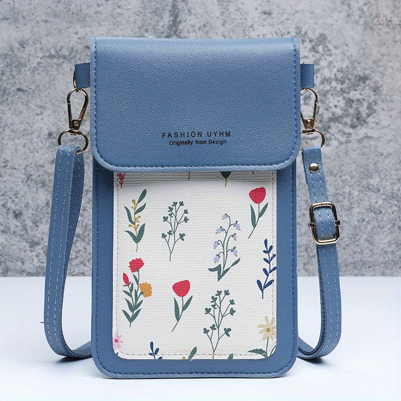 Touch screen mobile phone bag with small floral pattern, crossbody style. Can also be used as women's shoulder wallet and coin purse.