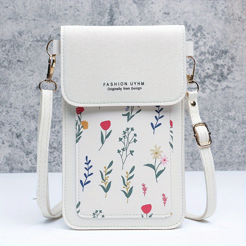 Touch screen mobile phone bag with small floral pattern, crossbody style. Can also be used as women's shoulder wallet and coin purse.