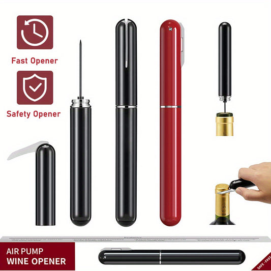 Air pressure wine opener with foil cutter. Safe, portable, and easy to use. Ideal for home bars, kitchens, picnics, and outdoor use. Available in black and red.