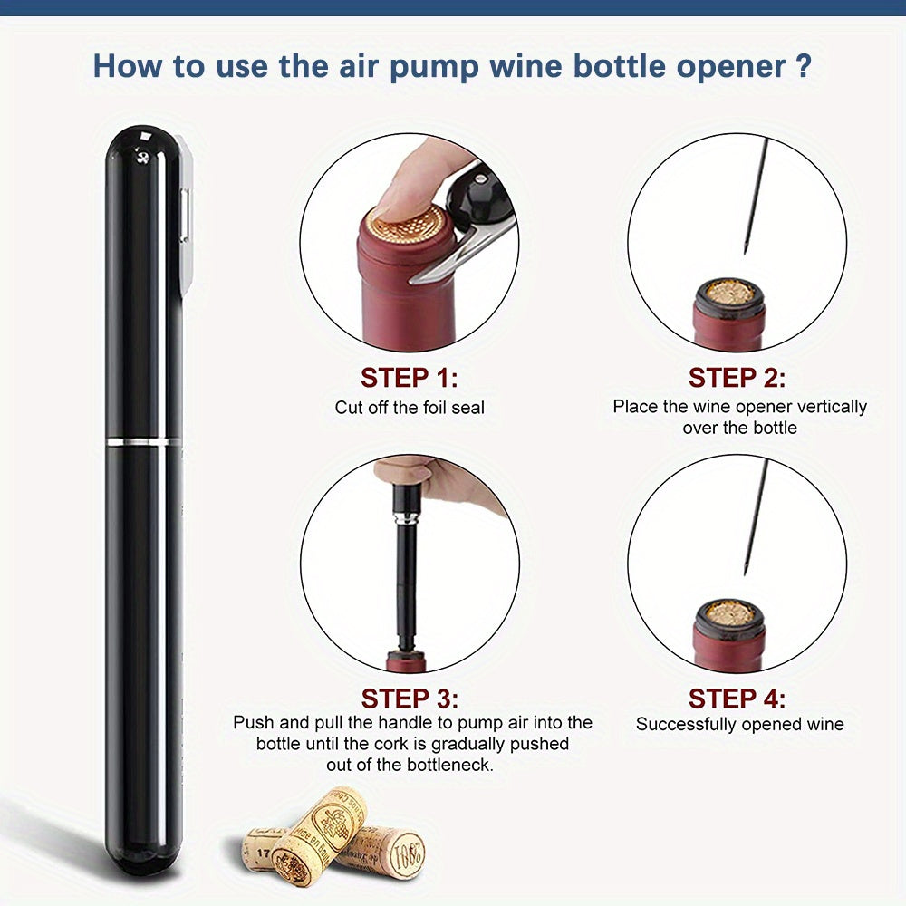 Air pressure wine opener with foil cutter. Safe, portable, and easy to use. Ideal for home bars, kitchens, picnics, and outdoor use. Available in black and red.