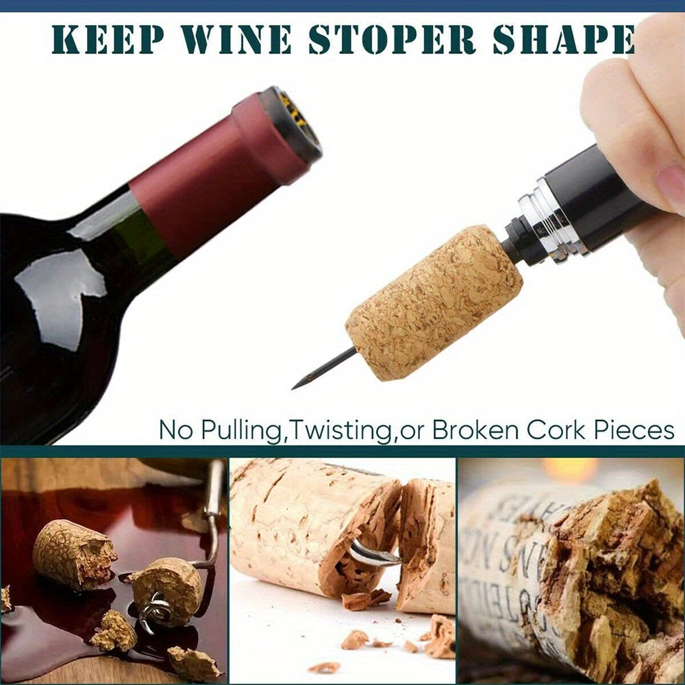 Air pressure wine opener with foil cutter. Safe, portable, and easy to use. Ideal for home bars, kitchens, picnics, and outdoor use. Available in black and red.