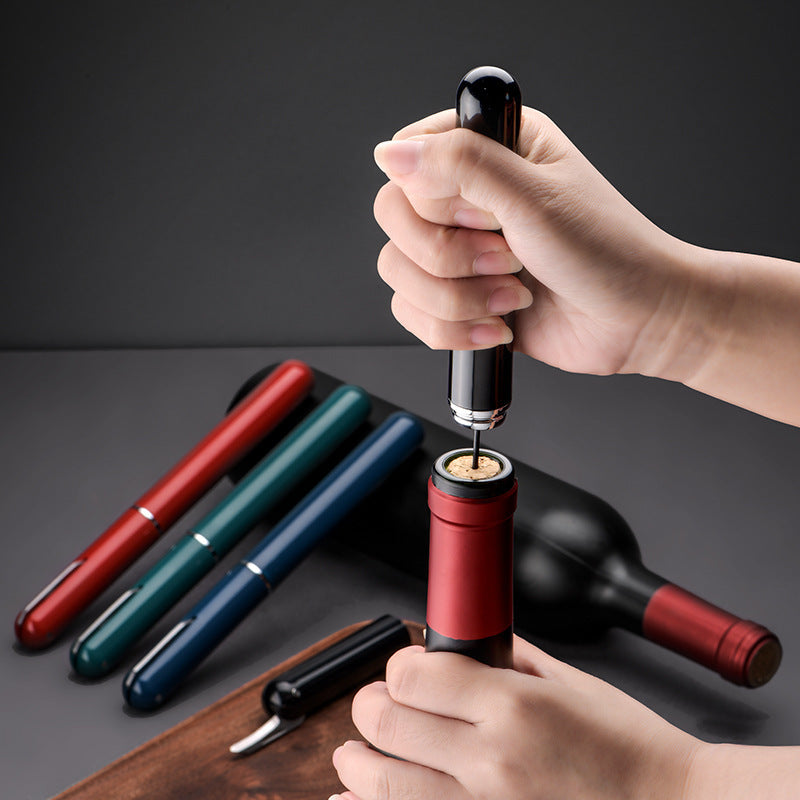 Air pressure wine opener with foil cutter. Safe, portable, and easy to use. Ideal for home bars, kitchens, picnics, and outdoor use. Available in black and red.