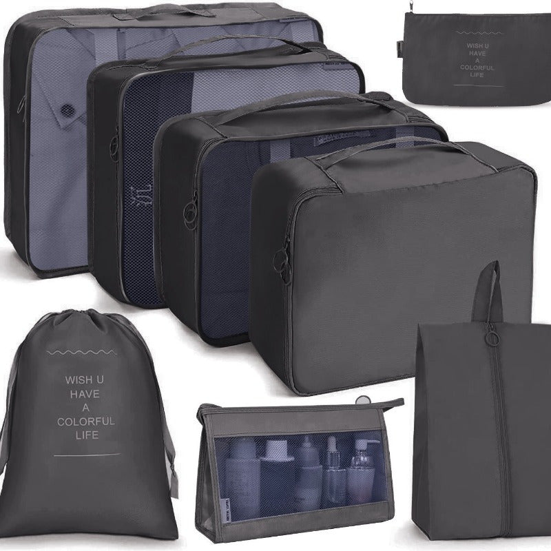 7-piece set of polyester travel organizer bags for large capacity luggage sorting and clothes storage.