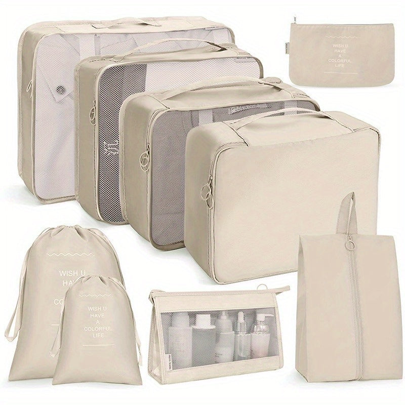 7-piece set of polyester travel organizer bags for large capacity luggage sorting and clothes storage.