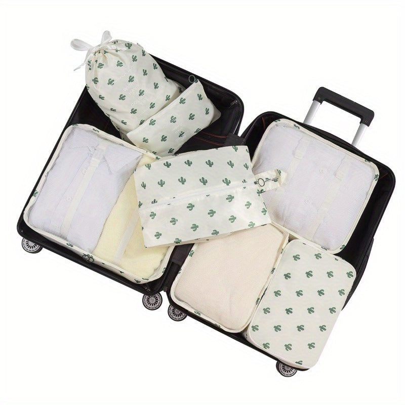 7-piece set of polyester travel organizer bags for large capacity luggage sorting and clothes storage.