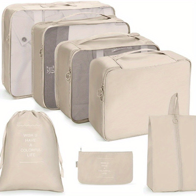 7-piece set of polyester travel organizer bags for large capacity luggage sorting and clothes storage.