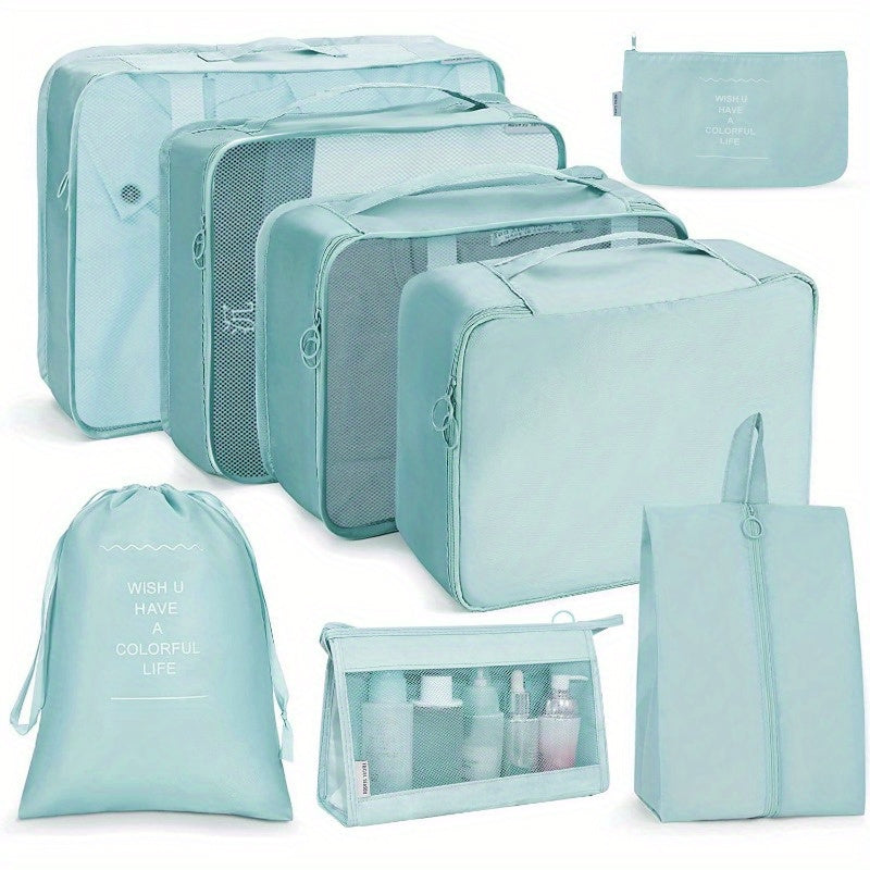 7-piece set of polyester travel organizer bags for large capacity luggage sorting and clothes storage.