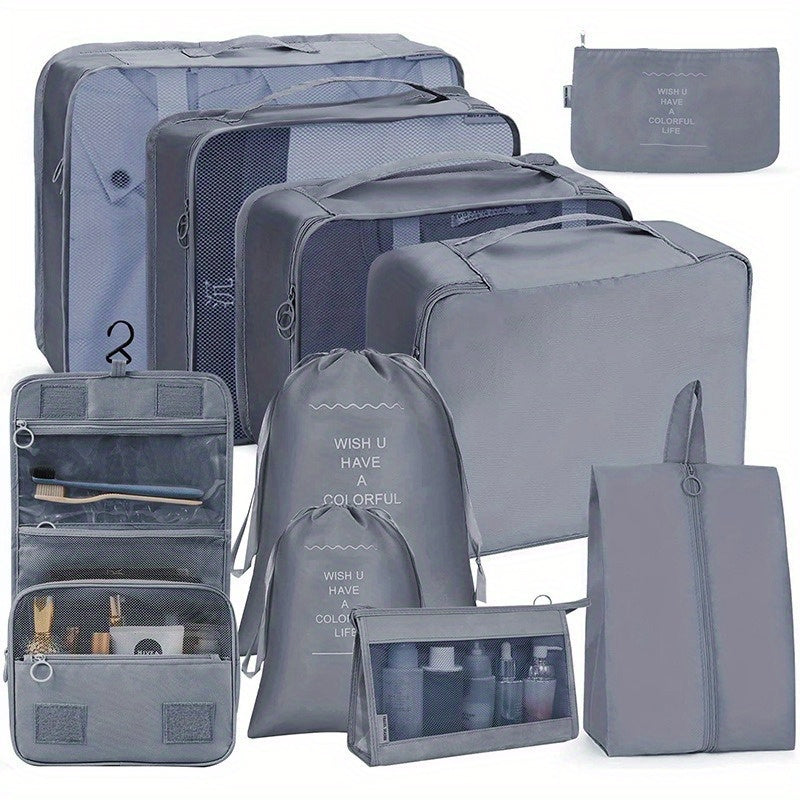 7-piece set of polyester travel organizer bags for large capacity luggage sorting and clothes storage.