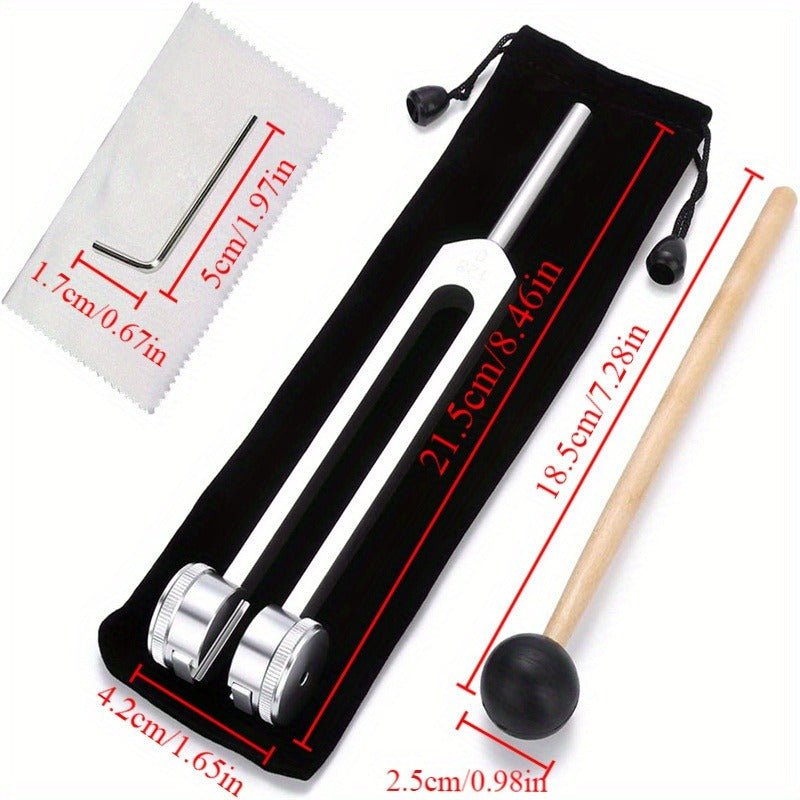 128Hz tuning fork with mallet and cloth bag for yoga healing, ear massage, meditation, resonance, ear stimulation, and teaching.