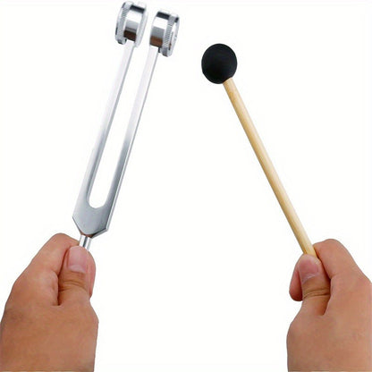 128Hz tuning fork with mallet and cloth bag for yoga healing, ear massage, meditation, resonance, ear stimulation, and teaching.