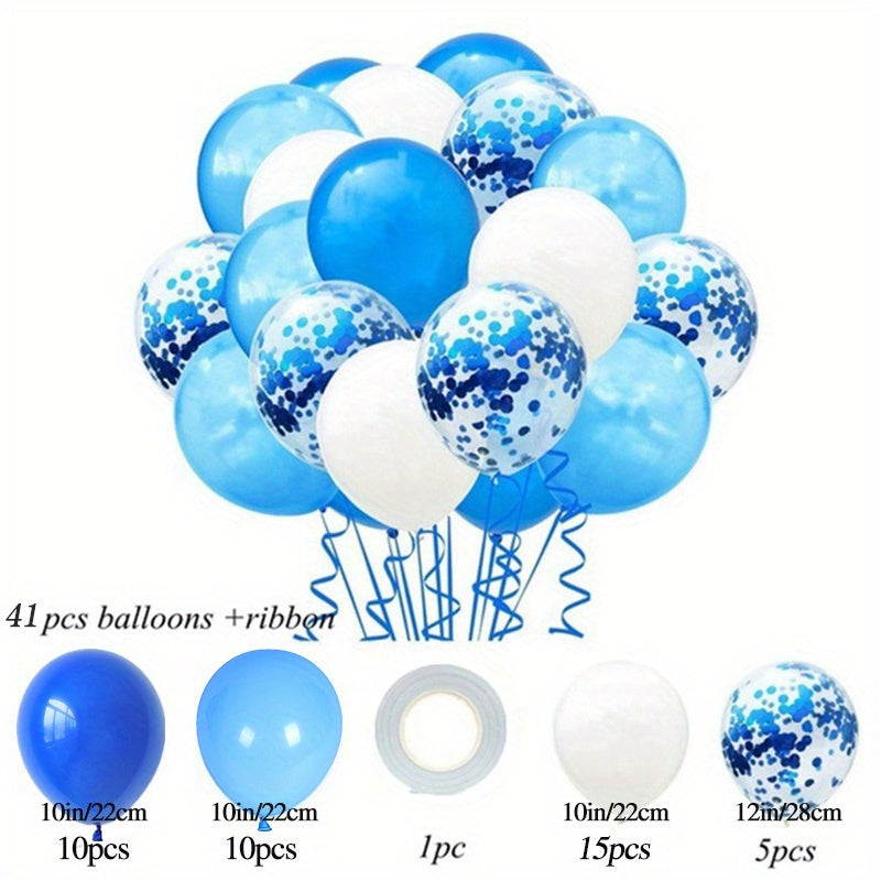 41pcs Blue White Confetti Latex Balloons for various occasions and decorations.